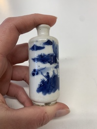 Four Chinese blue, white and copper-red snuff bottles, Yongzheng mark, 19th C.