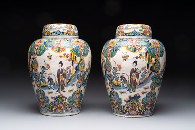 A rare pair of polychrome Dutch Delft chinoiserie jars and covers, 18th C.