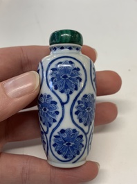 Four Chinese blue, white and copper-red snuff bottles, Yongzheng mark, 19th C.
