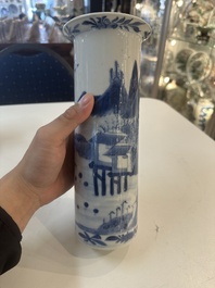 A Chinese blue and white garniture of five vases with river landscapes, 19th C.