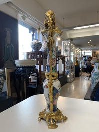 A pair of composed gilt bronze mounted Chinese famille rose 'tobacco leaf' vases, Qianlong