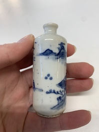 Four Chinese blue, white and copper-red snuff bottles, Yongzheng mark, 19th C.