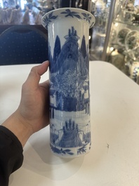 A Chinese blue and white garniture of five vases with river landscapes, 19th C.