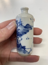 Four Chinese blue, white and copper-red snuff bottles, Yongzheng mark, 19th C.