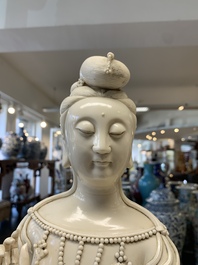 Three Chinese Dehua blanc de Chine figures of Guanyin and a monk, He Chaozong 何朝宗 and Dehua 德化 mark, 20th C.