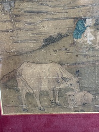After Tang Yan 唐寅 (1470&mdash;1523): 'Buffalo and sage', ink and colour on silk, signed Liuru Jushi 六如居士, 18/19th C.