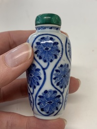 Four Chinese blue, white and copper-red snuff bottles, Yongzheng mark, 19th C.