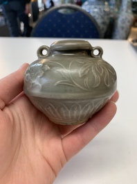 Eight Chinese Longquan celadon jarlets with floral design, Song/Yuan