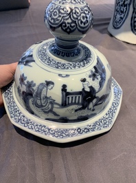 A large blue and white Dutch Delft chinoiserie vase and cover, late 17th C.