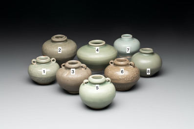 Eight Chinese Longquan celadon jarlets with floral design, Song/Yuan