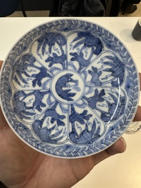 11 Japanese blue and white cups and 12 saucers with floral design, Chenghua mark, Meiji, 19th C.