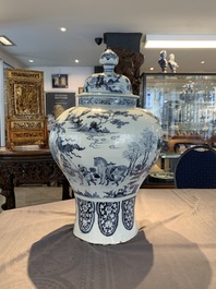 A large blue and white Dutch Delft chinoiserie vase and cover, late 17th C.