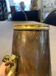 A rare and fine Chinese partly-gilt copper chocolate pot with tripod stand, 18th C.