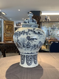 A large blue and white Dutch Delft chinoiserie vase and cover, late 17th C.