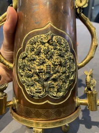 A rare and fine Chinese partly-gilt copper chocolate pot with tripod stand, 18th C.