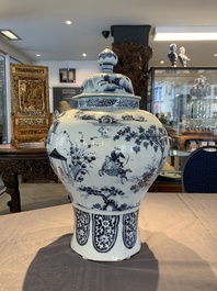 A large blue and white Dutch Delft chinoiserie vase and cover, late 17th C.