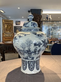 A large blue and white Dutch Delft chinoiserie vase and cover, late 17th C.