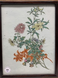 A pair of Chinese famille rose plaques in wooden frames, 20th C.