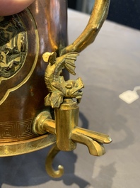 A rare and fine Chinese partly-gilt copper chocolate pot with tripod stand, 18th C.
