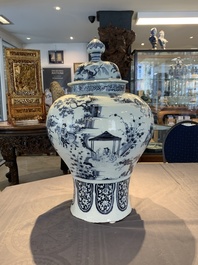 A large blue and white Dutch Delft chinoiserie vase and cover, late 17th C.
