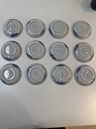 11 Japanese blue and white cups and 12 saucers with floral design, Chenghua mark, Meiji, 19th C.