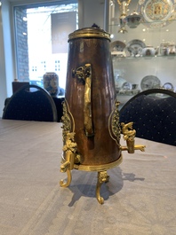 A rare and fine Chinese partly-gilt copper chocolate pot with tripod stand, 18th C.