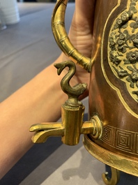 A rare and fine Chinese partly-gilt copper chocolate pot with tripod stand, 18th C.