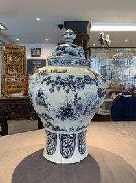 A large blue and white Dutch Delft chinoiserie vase and cover, late 17th C.