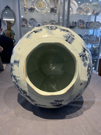A large blue and white Dutch Delft chinoiserie vase and cover, late 17th C.
