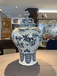 A large blue and white Dutch Delft chinoiserie vase and cover, late 17th C.