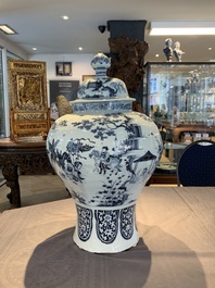 A large blue and white Dutch Delft chinoiserie vase and cover, late 17th C.