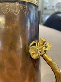 A rare and fine Chinese partly-gilt copper chocolate pot with tripod stand, 18th C.