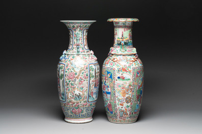 Two Chinese Canton famille rose vases with narrative design, 19th C.