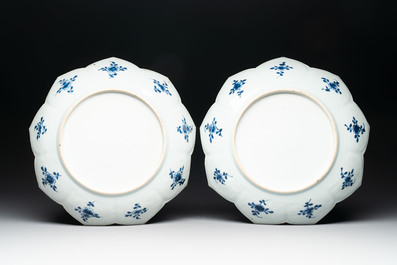 A pair of Chinese blue and white 'lotus' dishes and a pair of plates, Kangxi/Yongzheng