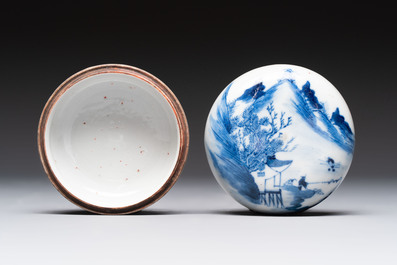 A varied collection of six Chinese blue, white, famille rose and iron-red wares, 19/20th C.