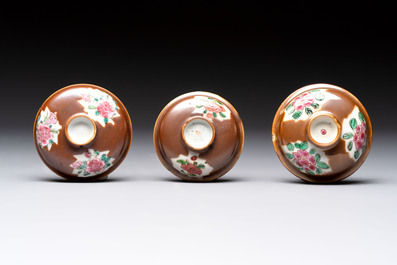 Seven Chinese famille rose capucin-brown-ground covered bowls, Qianlong
