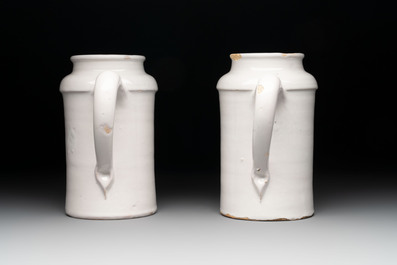 A rare pair of blue and white Dutch Delft albarello-shaped wet drug jars, early 18th C.
