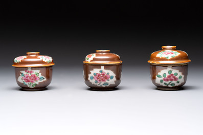 Seven Chinese famille rose capucin-brown-ground covered bowls, Qianlong