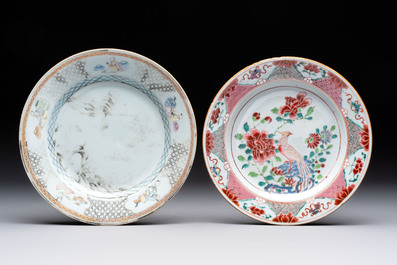 Three Chinese famille rose plates with birds among flowers and a grisaille plate, Yongzheng/Qianlong