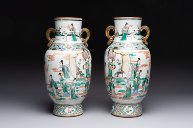 A pair of Chinese famille verte vases with narrative design, 19th C.