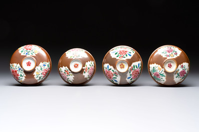 Seven Chinese famille rose capucin-brown-ground covered bowls, Qianlong