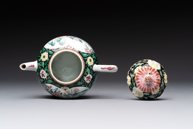 A Chinese famille rose teapot and stand, and a famille rose black-ground teapot, Yongzheng/Qianlong