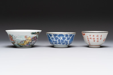 A varied collection of six Chinese blue, white, famille rose and iron-red wares, 19/20th C.