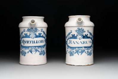 A rare pair of blue and white Dutch Delft albarello-shaped wet drug jars, early 18th C.