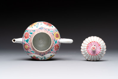 A Chinese famille rose teapot and stand, and a famille rose black-ground teapot, Yongzheng/Qianlong