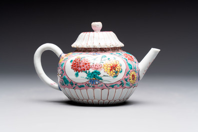 A Chinese famille rose teapot and stand, and a famille rose black-ground teapot, Yongzheng/Qianlong