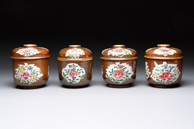 Seven Chinese famille rose capucin-brown-ground covered bowls, Qianlong