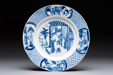 A Dutch-decorated Chinese plate, an Imari-verte dish and a blue and white dish, Kangxi/Yongzheng