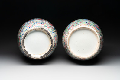 Two Chinese Canton famille rose vases with narrative design, 19th C.