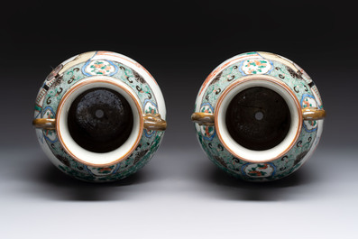 A pair of Chinese famille verte vases with narrative design, 19th C.
